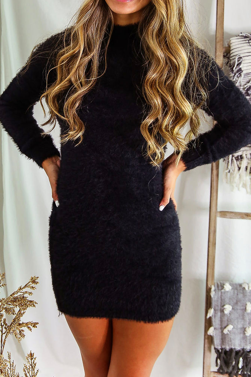 Fuzzy Black Long Sleeve Sweater Mini Dress- Shop Kendry Collection