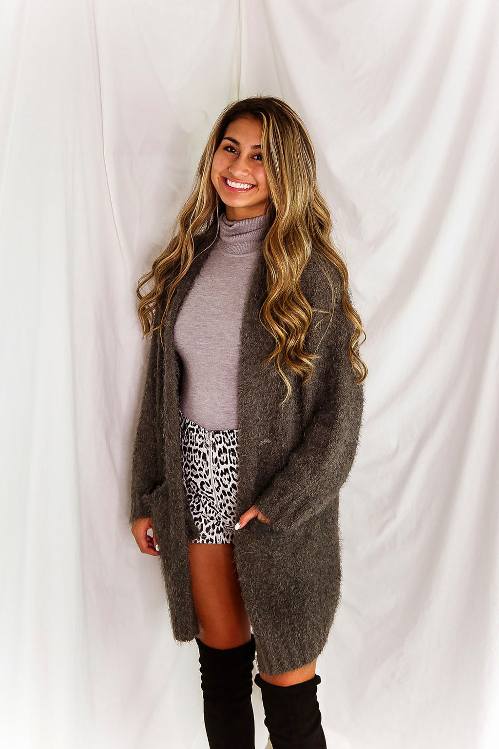Fuzzy Charcoal Knit Cardigan - Shop Kendry Collection Boutique