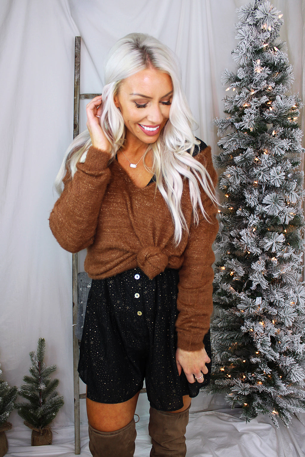 Fuzzy Brown Shimmer V-Neck Sweater - Shop Kendry Collection Boutique
