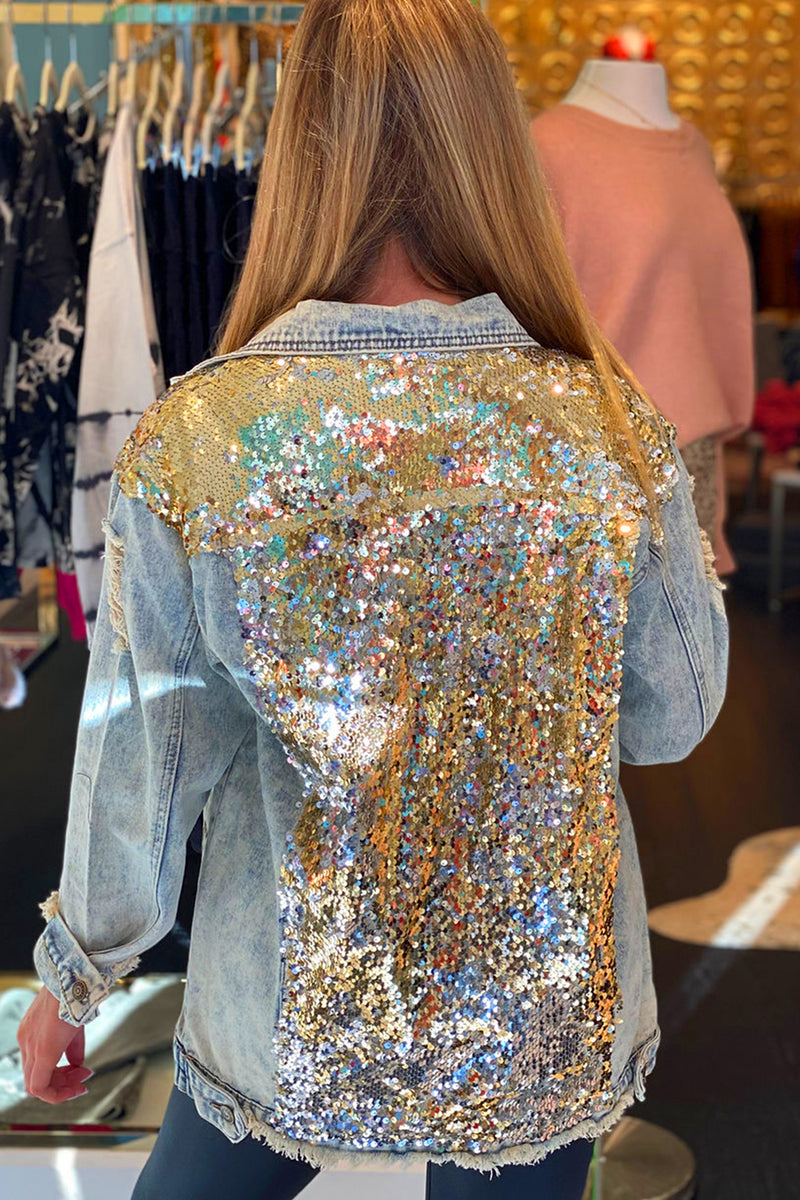 Rose Gold Sequin Distressed Denim Jacket