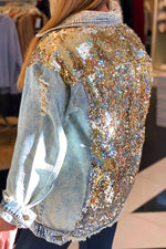 Rose Gold Sequin Distressed Denim Jacket