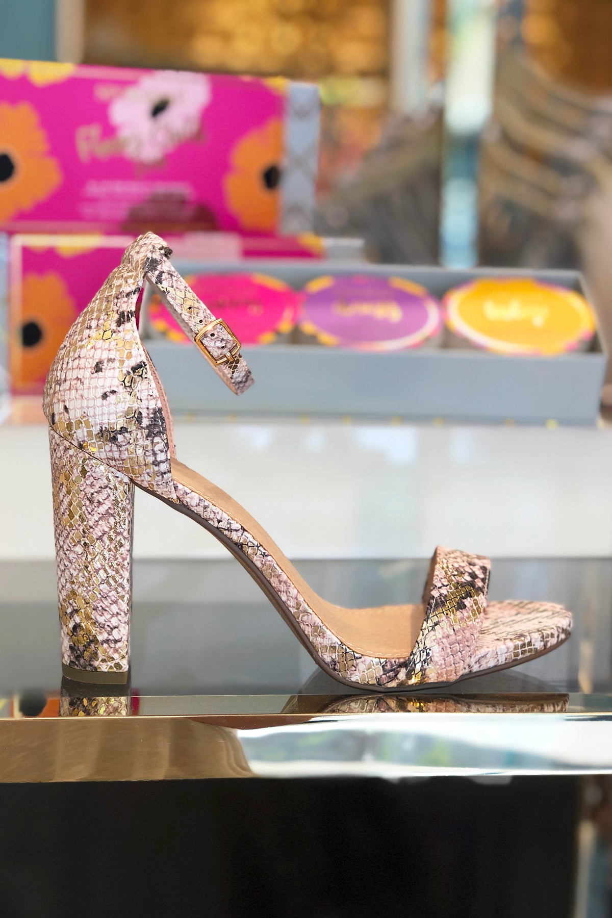 Gold Snakeskin Block Heeled Sandal - Shop Shoes Online At Kendry Collection Boutique