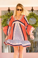Striped Colorblock Bell Sleeve V-Neck Dress with a Ruffled Hem, Retro Dress, Ruffled Hem Shift Dress, Mixed Pattern V-neck Dress, Geometric Pattern Ruffle Dress - Shop Cute Dresses Online Now at Kendry Collection Boutique