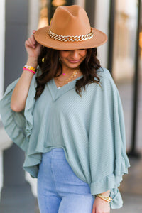 Green Ruffle Sleeve Waffle Knit Top - Shop Kendry Collection Boutique