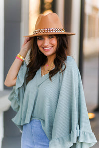 Green Ruffle Sleeve Waffle Knit Top - Shop Kendry Collection Boutique