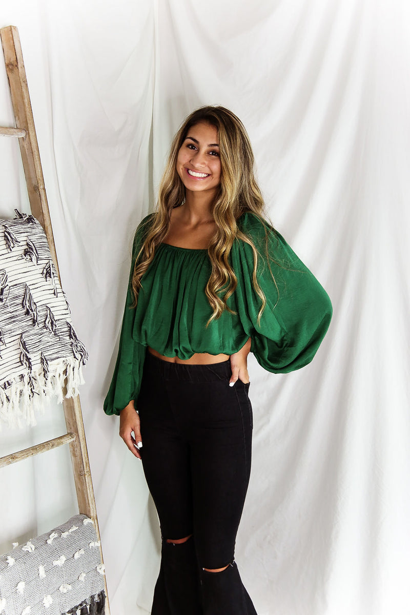 Green Silky Off The Shoulder Bubble Sleeve Top - Shop Kendry Collection Boutique 