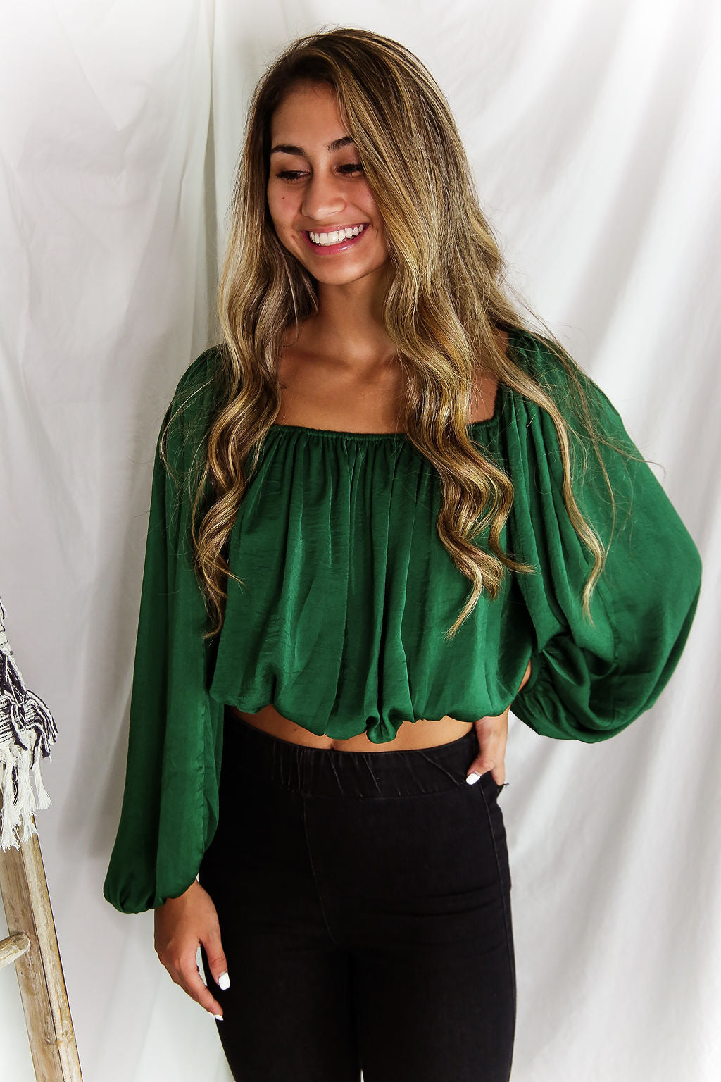 Green Silky Off The Shoulder Bubble Sleeve Top - Shop Kendry Collection Boutique 