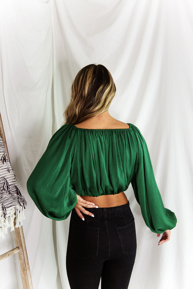 Green Silky Off The Shoulder Bubble Sleeve Top - Shop Kendry Collection Boutique 