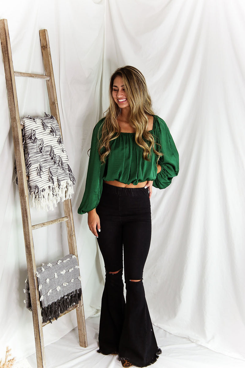 Green Silky Off The Shoulder Bubble Sleeve Top - Shop Kendry Collection Boutique 