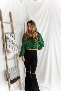 Green Silky Off The Shoulder Bubble Sleeve Top - Shop Kendry Collection Boutique 