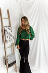 Green Silky Off The Shoulder Bubble Sleeve Top - Shop Kendry Collection Boutique 
