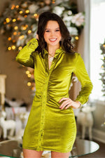 Green Velour Long Sleeve Button Down Mini Dress - Shop Kendry Collection Boutique 