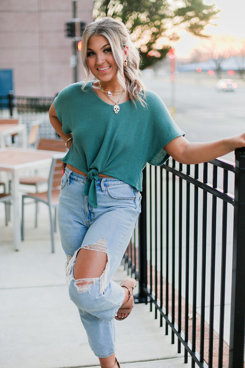 Green Waffle Knit Front Tie Top - Shop Kendry Collection Boutique