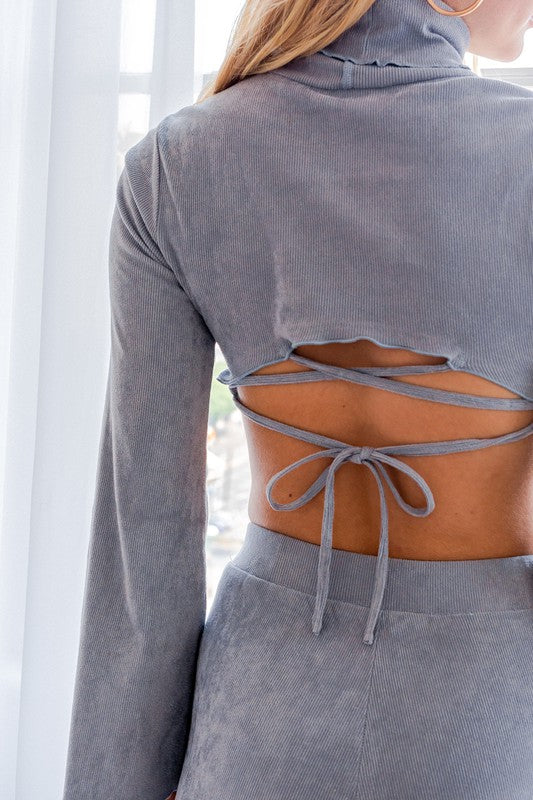 Grey Bell Sleeve Lace Up Back Crop Top