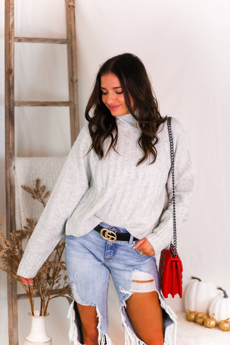Heather Grey Ribbed Knit Sweater - Kendry Collection boutique