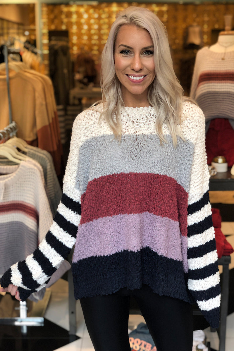 Harvest Hottie Striped Popcorn Sweater - Pink