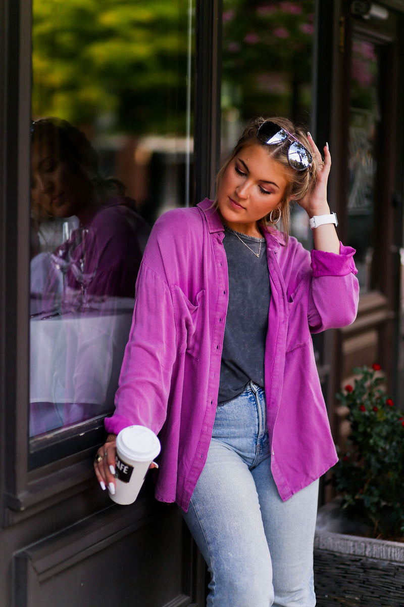 Hot Pink Mineral Wash Button Down - Kendry Collection Boutique