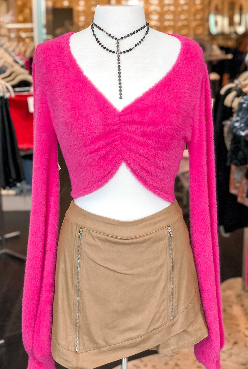 Hot Pink Cropped Ruched Fuzzy Sweater