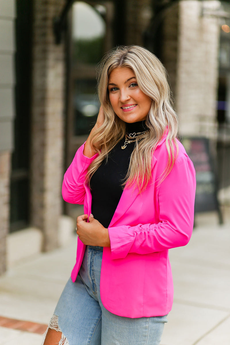 Hot Pink Ruched Sleeve Blazer Jacket - Shop Kendry Collection Boutique
