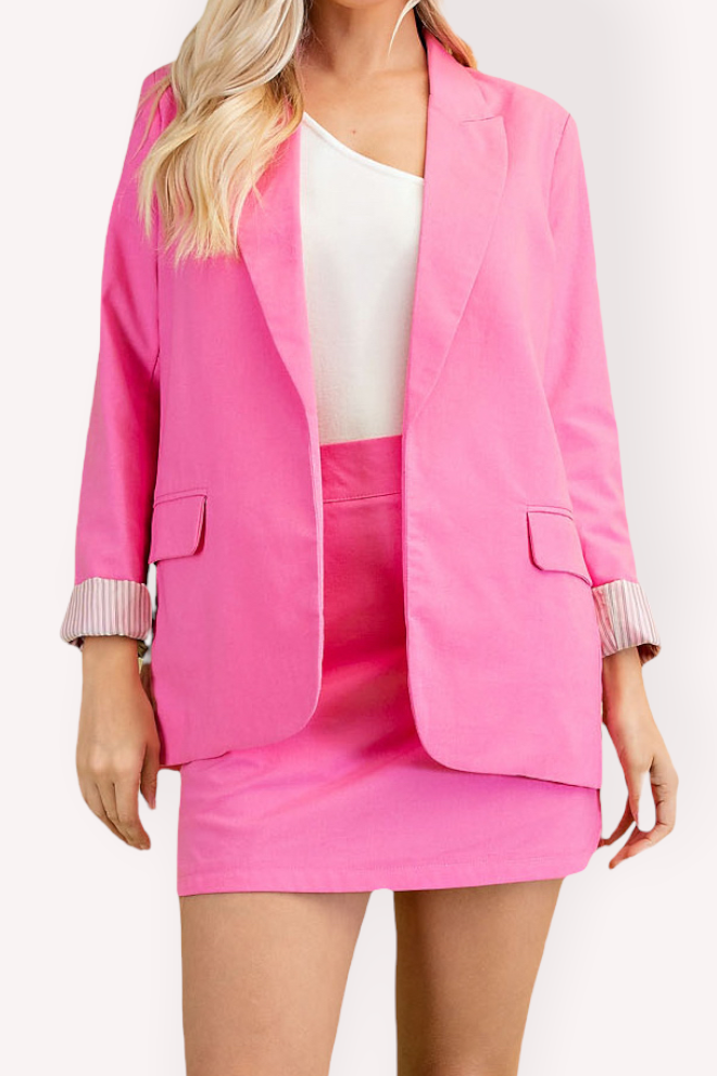 Hot Pink Striped Cuffs Blazer Jacket