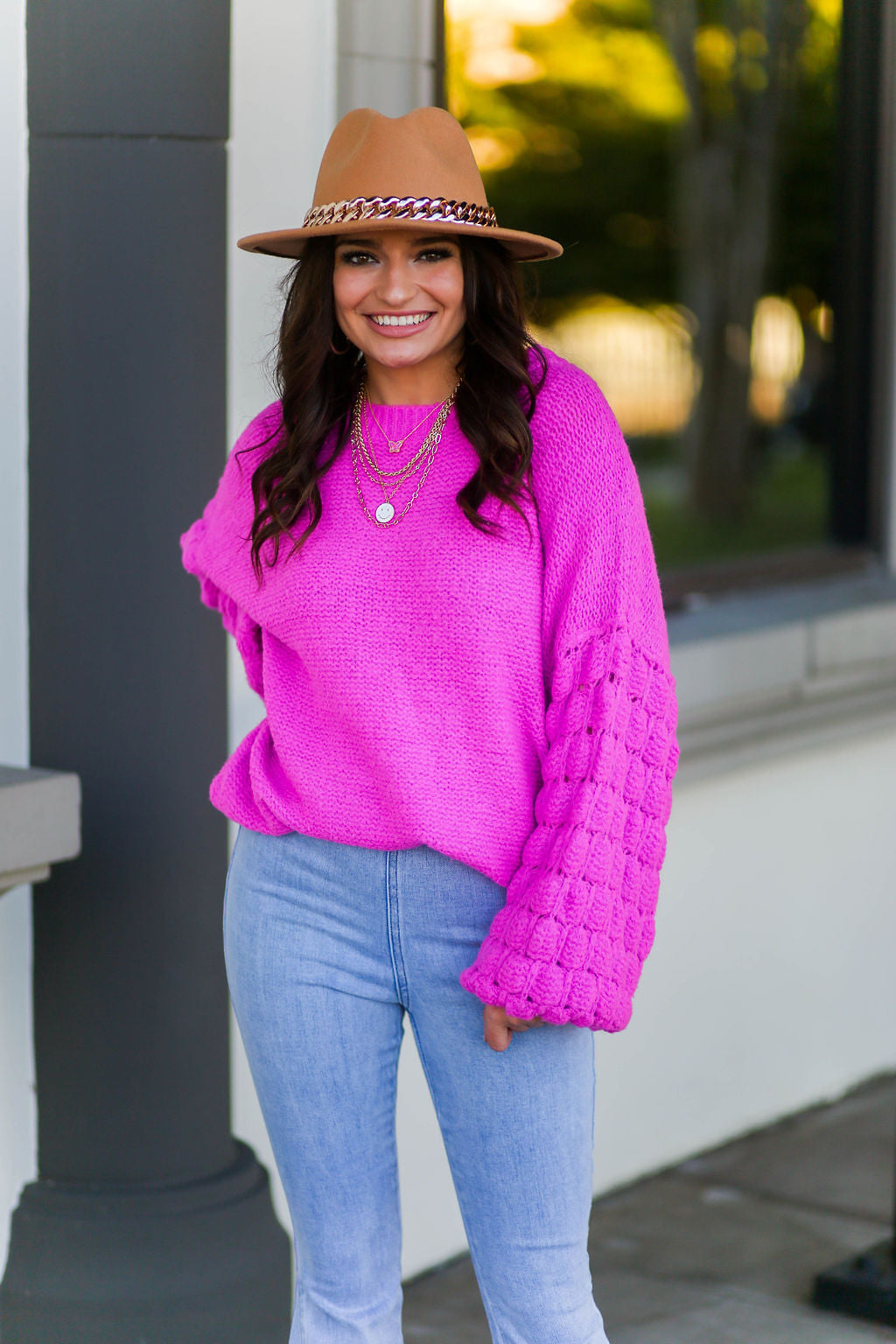 Hot Pink Textured Sleeve Sweater - Shop Kendry Collection Boutique