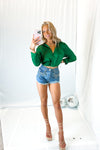 Green Satin Long Sleeve Collared Top