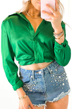 Green Satin Long Sleeve Collared Top