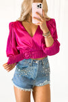 Pink Deep-V Puff Sleeve Top