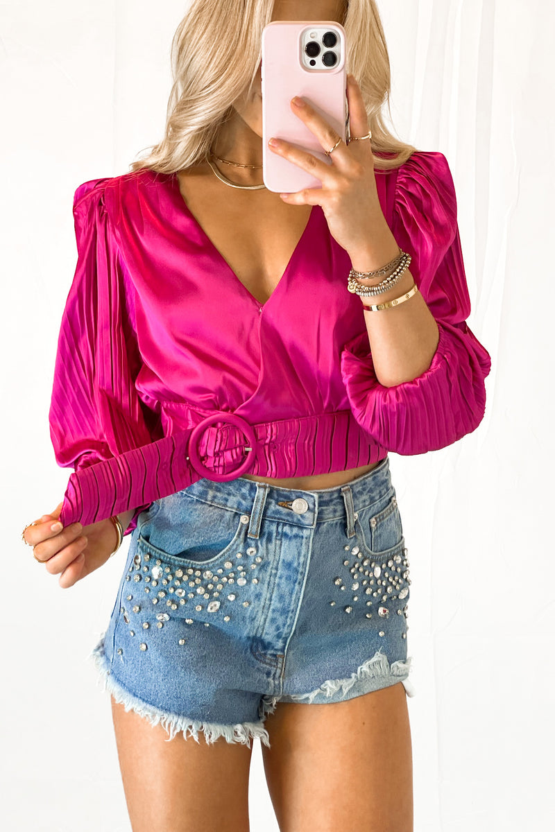 Pink Deep-V Puff Sleeve Top