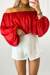 Red Silky Off The Shoulder Bubble Sleeve Top