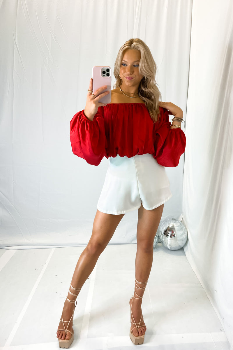 Red Silky Off The Shoulder Bubble Sleeve Top