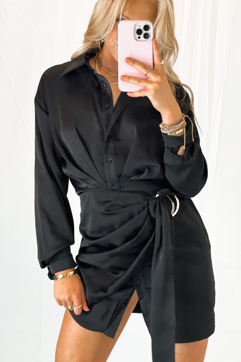 Black Side O-Ring Detail Collar Dress