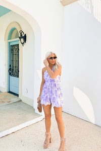 Purple Ruched V-Neck Floral Romper