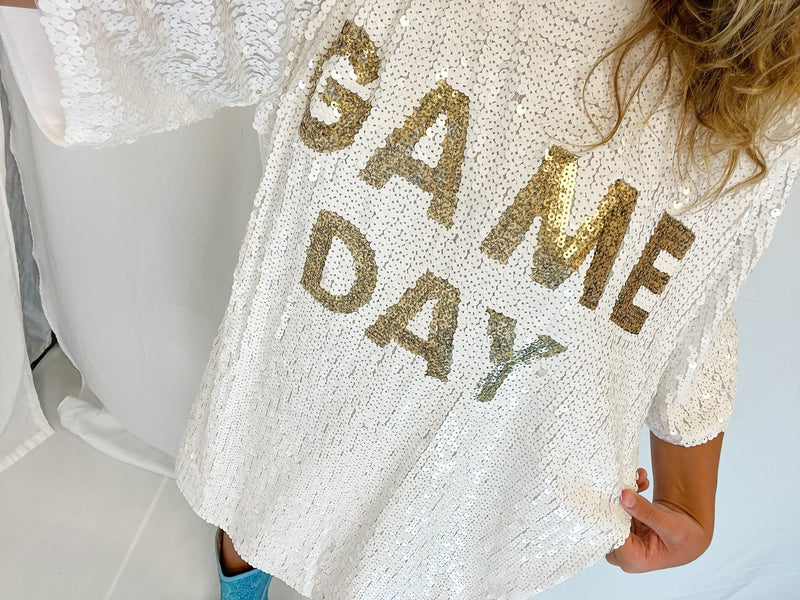 White and Gold Game-day Sequin T-Shirt Dress