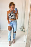 White And Black Halter Neck Knit Top
