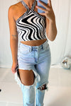 White And Black Halter Neck Knit Top