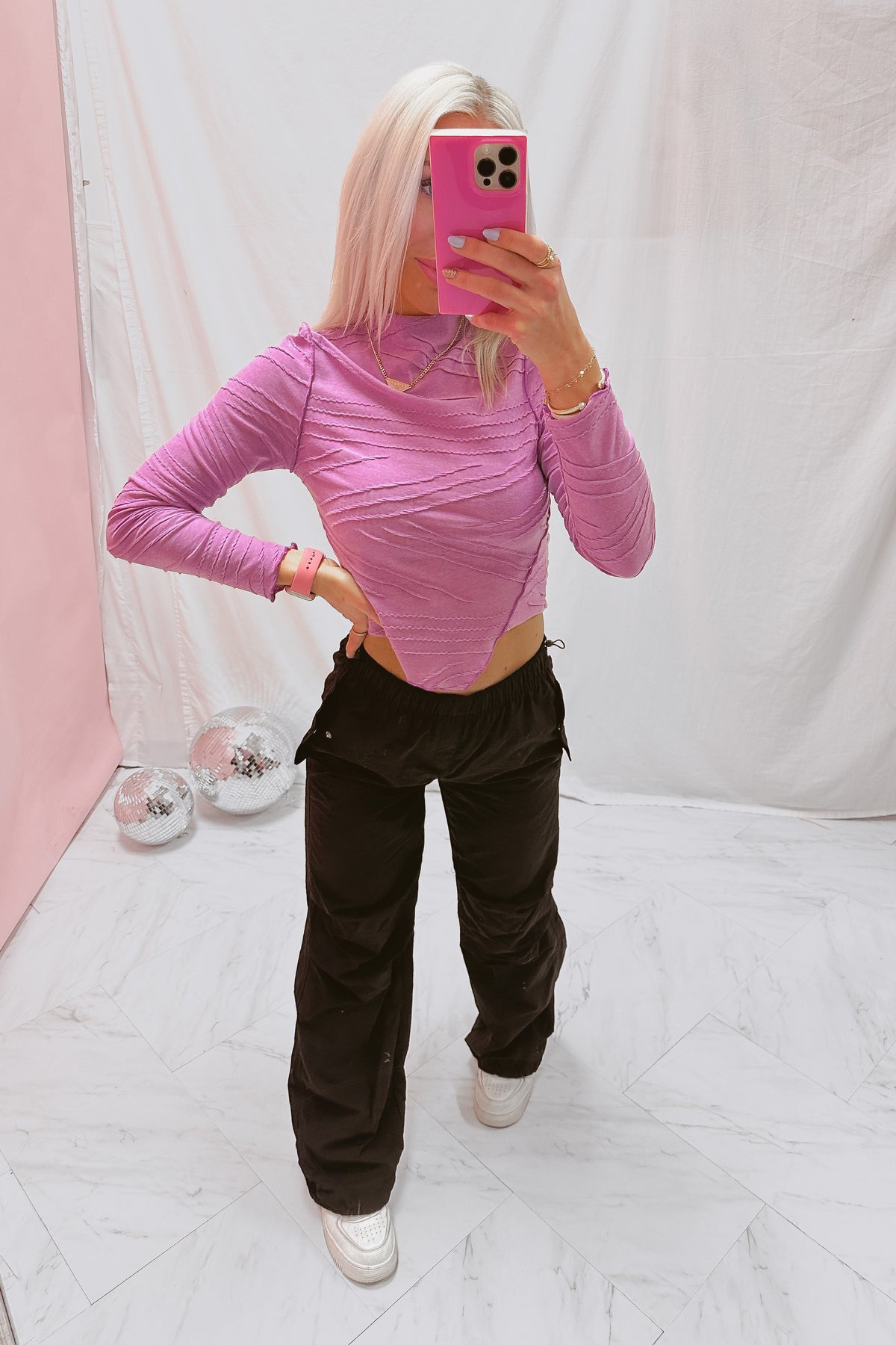 Purple Textured Long Sleeve Mock Neck Top