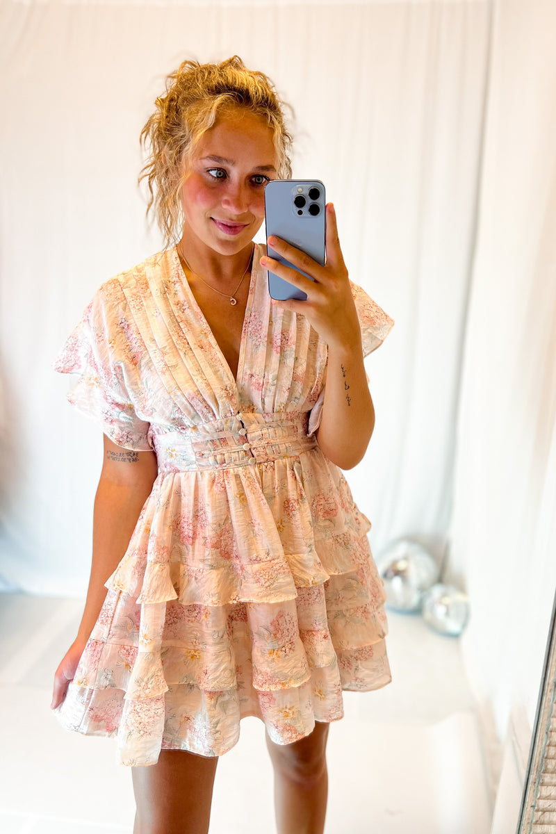 Blush Floral Pattern Ruffle Dress