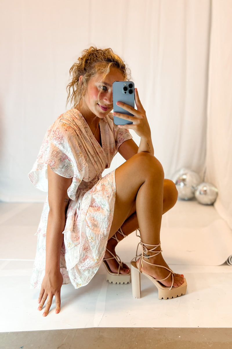 Smookie Nude Strappy Lace Up Block Heels
