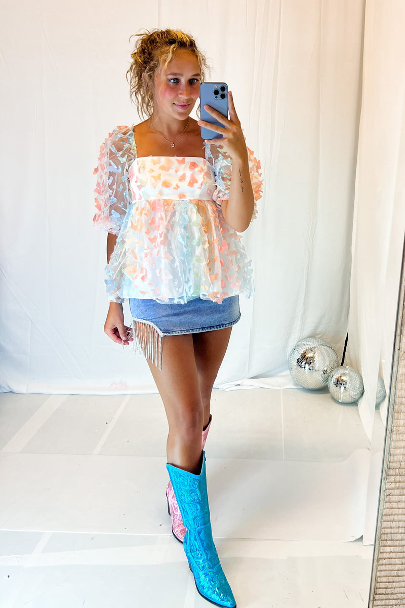 Butterfly Puff Sleeve Babydoll Blouse