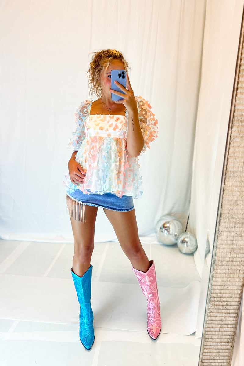 Butterfly Puff Sleeve Babydoll Blouse