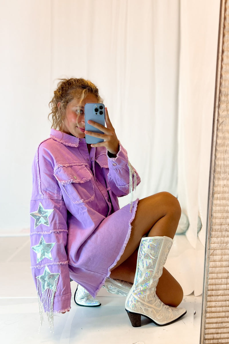 Purple Sequin Fringe Star Denim Jacket