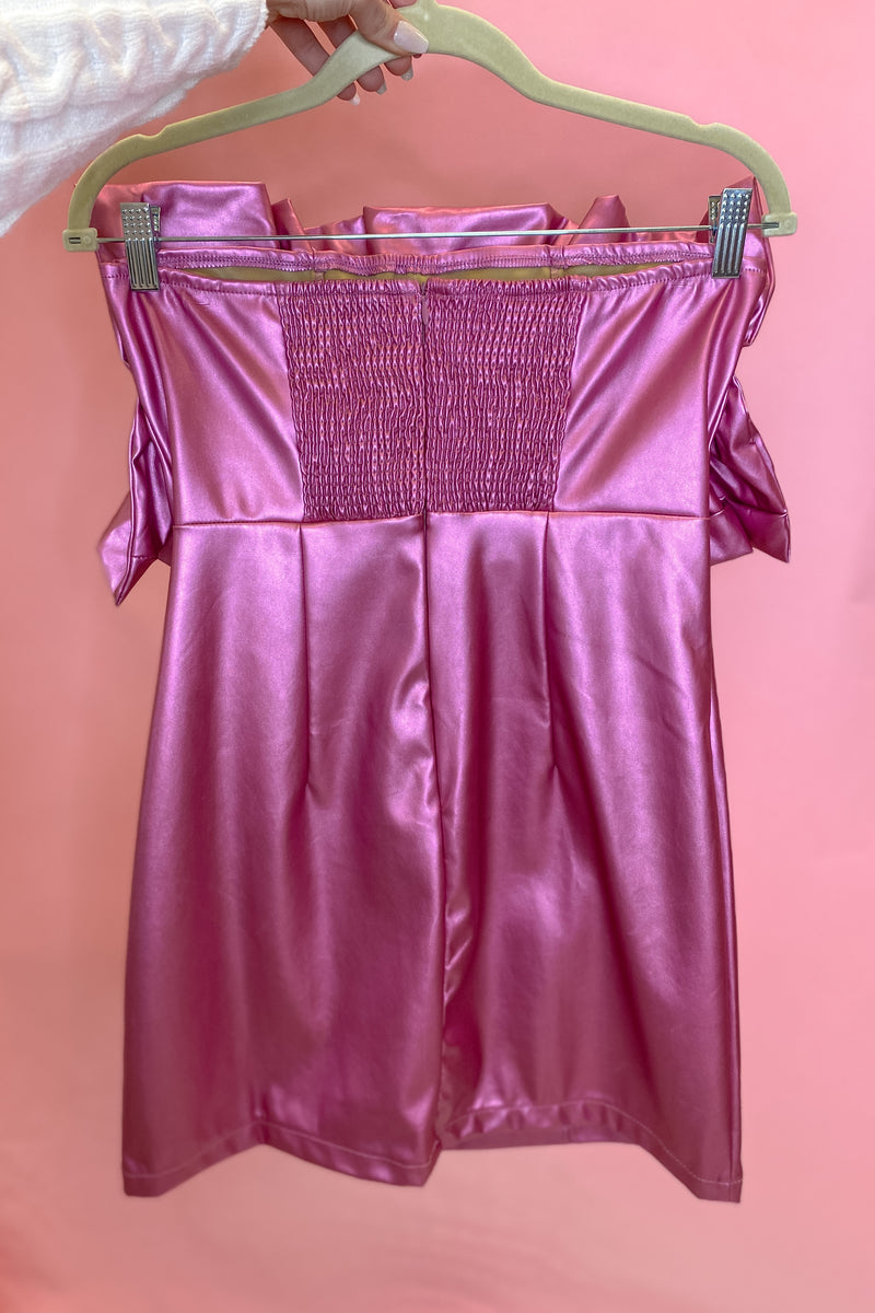 Pink Shiny Ruffle Bandeau Mini Dress