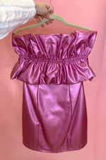 Pink Shiny Ruffle Bandeau Mini Dress