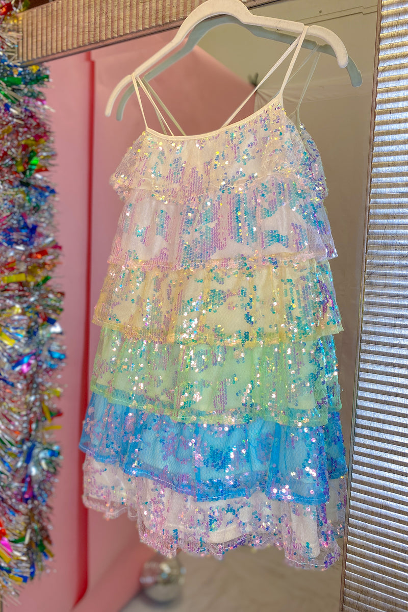 Rainbow Sequin Ruffle Tiered Dress