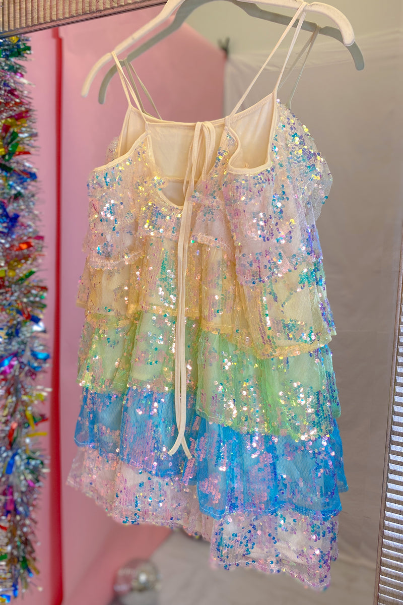 Rainbow Sequin Ruffle Tiered Dress