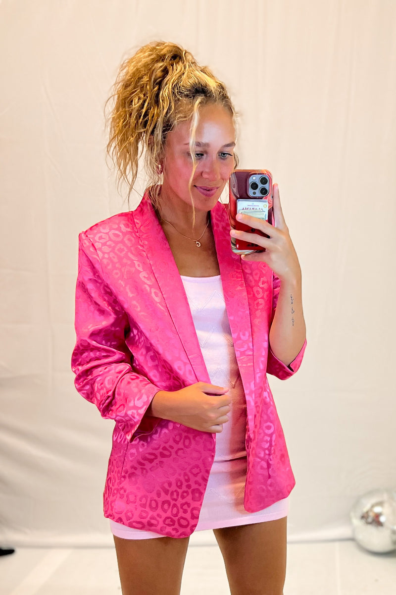 Hot Pink Animal Print Satin Blazer Jacket