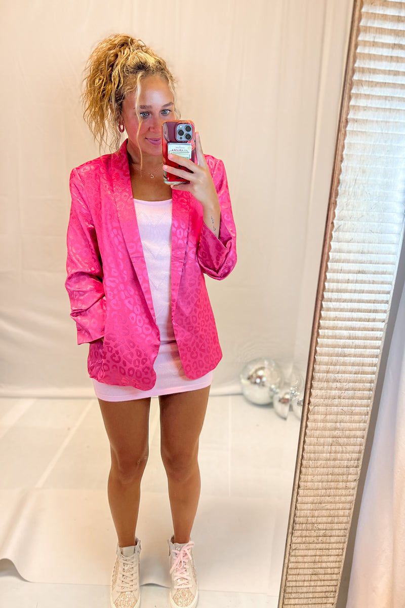 Hot Pink Animal Print Satin Blazer Jacket