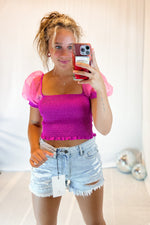 Pink Mesh Puff Sleeve Top