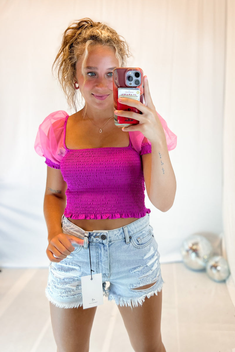 Pink Mesh Puff Sleeve Top